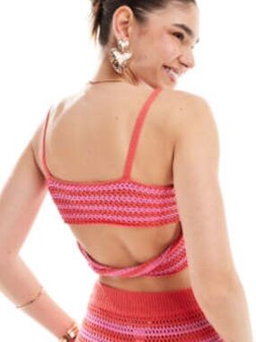 Women’s Pink Striped Crochet Crop Top with Open Back